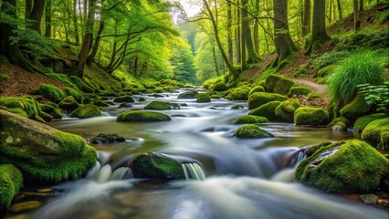 Stream flowing in dense woodland surrounded by trees and vegetation