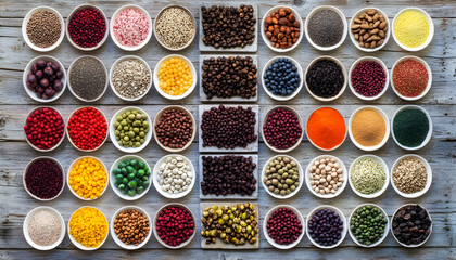 Colorful assortment of various superfoods in white bowls on wooden background.