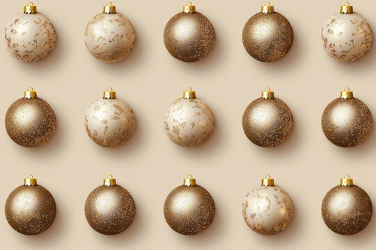 fondo navide&ntilde;o visto desde arriba en tonos dorados, beiges y bronce con bolas de navidad colocadas simetricamente