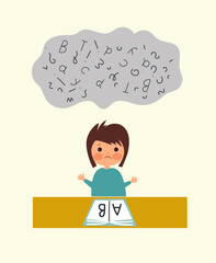 Dyslexia child concept. african american cute boy holds a large magnifying glass and studies the letters. Reading skills.  speech Therapy ,Vector illustration isolated on white background.