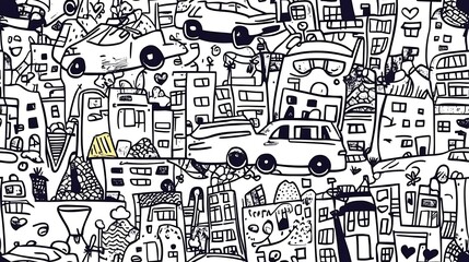 A detailed urban-themed pattern, depicting cars weaving through traffic, street signs, construction cranes, and commuters hurrying to work. Light,
