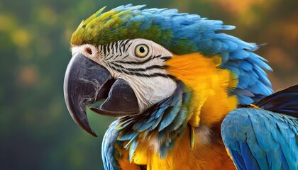 Fototapeta premium A striking Blue and Gold Macaw sitting on a tree branch showcasing its bright feathers against a vivid background