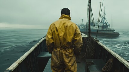 Obraz premium A fisherman in a yellow raincoat faces the sea on a moody, overcast day.