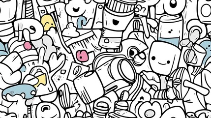 A dynamic craft workshop-themed pattern featuring various crafting tools like scissors, knitting needles, sewing machines, and paintbrushes, surrounded by colorful fabric swatches, buttons, and pins.