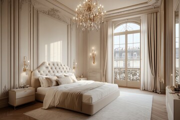A luxurious bedroom with soft beige and cream tones featuring a king-sized bed adorned