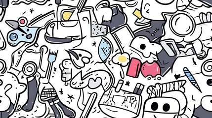 A dynamic craft workshop-themed pattern featuring various crafting tools like scissors, knitting needles, sewing machines, and paintbrushes, surrounded by colorful fabric swatches, buttons, and pins.