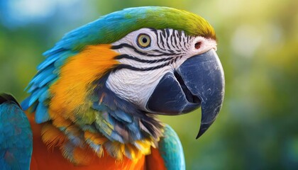 The colorful Blue and Gold Macaw sitting calmly on a branch displaying its bright plumage among tropical greenery