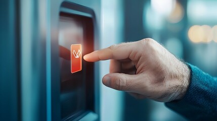 Close up View of Fingers Tapping Touch Screen Panel to Accept a Package at the Post Office Side View Highlighting the Interaction with Modern Digital Technology and an Analogous Color Scheme