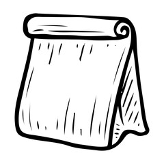 Fast food paper bag hand drawn doodle. Order in cafe. Takeaway snack. Disposable packaging. Vector sketch line art illustration.