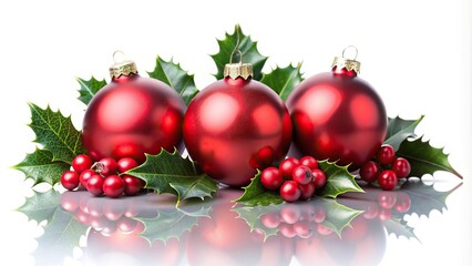 Studio photography of Leading Lines Christmas decorations with red baubles and holly leaves on festive background