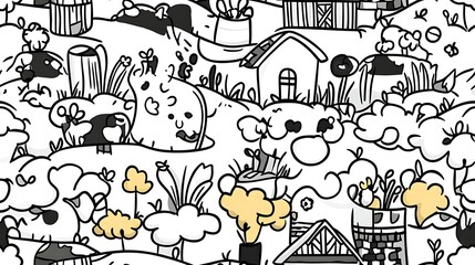 A dynamic farm life-themed pattern featuring rustic barns, silos, cattle grazing, and chickens running around.
