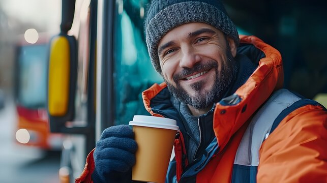 A joyful bus driver leaning against the vehicle while holding a coffee cup catching the gaze in a side view  The image highlights a relaxed tone and complementary color scheme during work hours