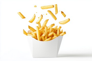 floated French fries falling into white paper box isolate on white background