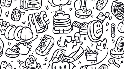 A dynamic fitness frenzy-themed pattern featuring various exercise equipment like kettlebells, dumbbells, gym bags, and fitness trackers, surrounded by abstract patterns and active exercise poses.