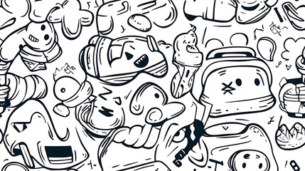 Fototapeta premium A dynamic fitness frenzy-themed pattern featuring various exercise equipment like kettlebells, dumbbells, gym bags, and fitness trackers, surrounded by abstract patterns and active exercise poses.