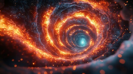 A vibrant cosmic spiral filled with swirling orange and blue colors, representing the beauty of the universe and its vastness. A breathtaking illustration of creativity.