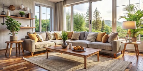 Experience a welcoming modern living room bathed in natural light, complemented by a textured sofa, blending comfort and style for an inspiring home décor environment.