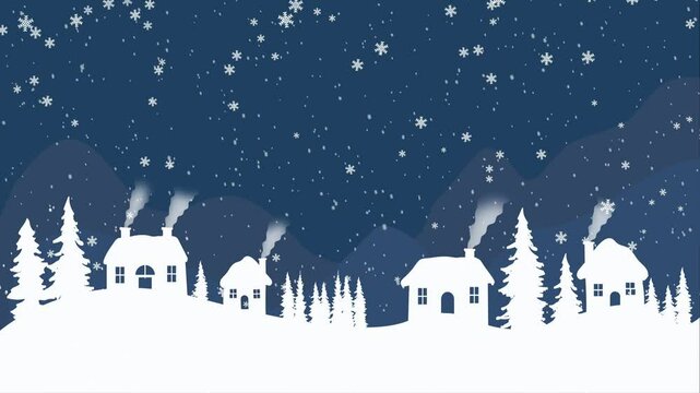 2d animation, Christmas Landscape Background 4K. Snowy mountain winter landscape with snow flakes 