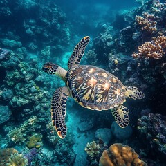 Obraz premium Happy Turtle Swimming Through Colorful Coral Reef