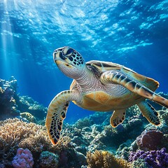Fototapeta premium Happy Sea Turtle Swimming Through Coral Reef