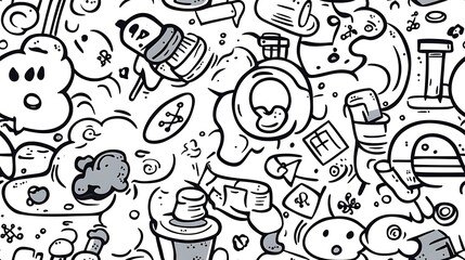 A dynamic science lab-themed pattern featuring various lab equipment like beakers, graduated cylinders, microscopes, and atomic symbols surrounded by swirling reaction formulas and molecules.