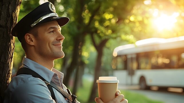Side view of a content bus driver in uniform enjoying a relaxing coffee break near a parked bus on a sunny day showcasing a casual moment with a digital tone and analogous color scheme