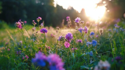Naklejka premium A peaceful meadow at sunrise with mist rising from the grass and soft light