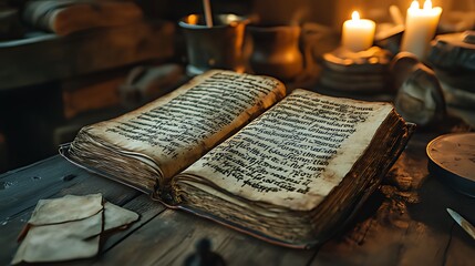 An open ancient book with worn pages lies on a wooden table in a dimly lit room illuminated by candlelight.