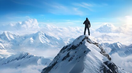 A lone man stands triumphantly on the summit of a snow capped mountain his gaze sweeping across the vast breathtaking landscape that stretches out before him