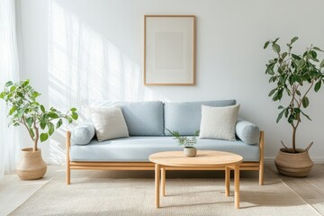 A minimalist living room with a pale blue sofa, a wooden coffee table, and a neutral-toned rug