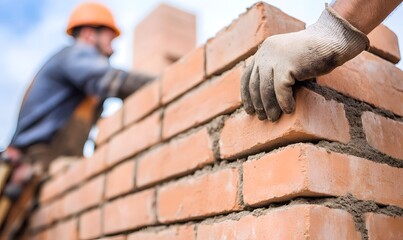 Bricklayers constructing walls up close, Generative AI