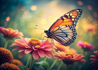 Fototapeta premium Experience the delicate beauty of a vintage monarch butterfly resting on a flower, portrayed in soft focus, inviting nature lovers to appreciate serene moments.