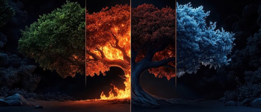 A vibrant elemental tree divided into quadrants one aflame, one lush, one frozen, and one barren, representing the natural balance