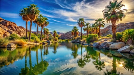 Stunning oasis with palm trees and lake shore in desert