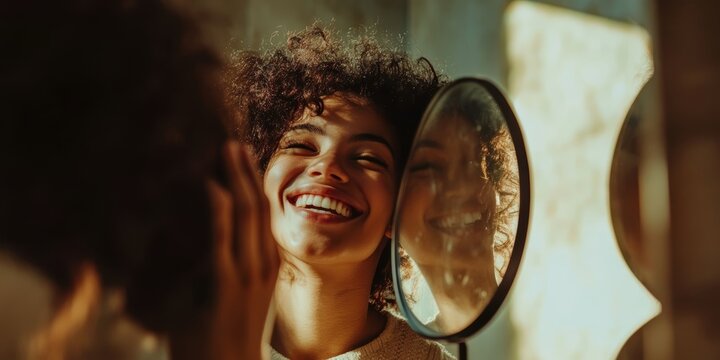 A young woman of Hispanic descent smiles joyfully at her reflection in a mirror.