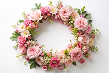 Stunning pink flower wreath with delicate floral arrangement on plain white background reflected