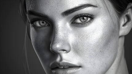 Obraz premium Close Up Portrait of a Pensive Woman with Striking Skin Texture and Deep Emotional Expression Captured in Dramatic Black and White Tones