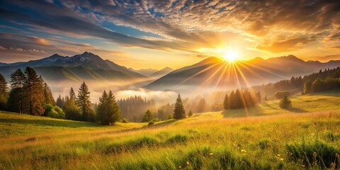 Obraz premium Stunning sunrise over mountains and meadow landscape with golden bokeh, tilted angle
