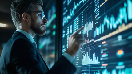 Fototapeta premium Bond traders reviewing the effect of inflation on bond market returns through futuristic digital charts, analyzing real-time data streams, interest rate shifts, and inflationary impacts on investment 