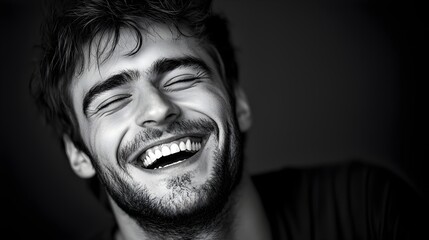 Closeup portrait of a joyful carefree man laughing heartily with his eyes closed radiating pure happiness delight and positive energy