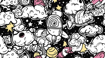 Naklejka premium A lively space-themed pattern with a variety of cosmic objects, including meteor showers, black holes, and bright shooting stars.