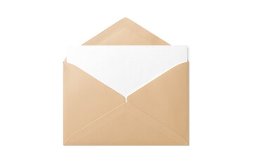 Opened brown paper envelope mockup with paper sheet isolated on a transparent background, PNG. High resolution. 