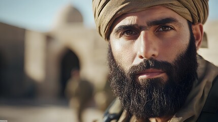 Middle Eastern man with a thick beard wearing a traditional keffiyeh and clothing standing in front of an ancient and ornate mosque highlighting the cultural and religious heritage of the Middle East
