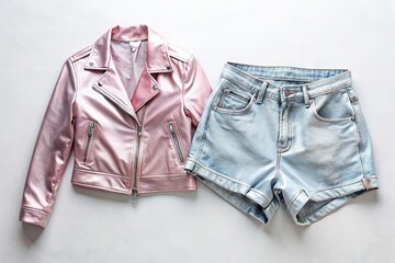 Stylish denim shorts and jacket hanging up in pink and silver