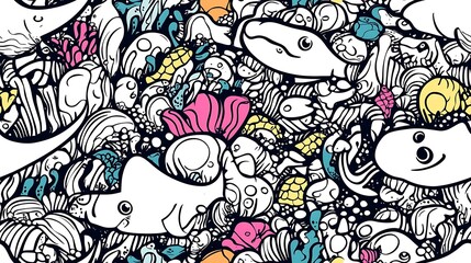 Naklejka premium A lively underwater pattern with a variety of sea creatures, including manta rays, shrimp, and angelfish, surrounded by anemones and bubble streams. Bold outlines and vibrant color accents,