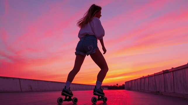 A young woman roller skating against a vibrant sunset sky with colorful clouds in an urban setting during the evening hours