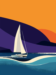 Vibrant abstract artwork of a sailboat on colorful waves at sunset. Modern, minimalist style using bold and contrasting hues. Perfect for wall art, posters, or creative backgrounds. Summer vibe.