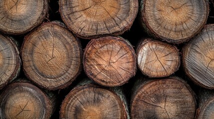 Naklejka premium Close-up view of a stack of wooden trunks, highlighting the texture of pine logs in a logging yard.