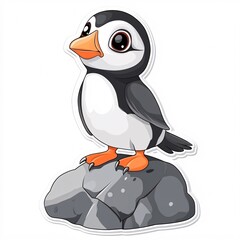 Fototapeta premium Happy Baby Puffin Standing on Rock Isolated