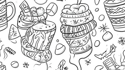 A playful cozy winter pattern, featuring elements like snowflake patterns, knitted mittens, woolen scarves, steaming cups of hot chocolate, and sweaters with intricate designs,